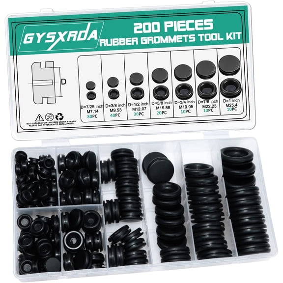 Rubber Grommet Kit 200 Pack - 7 Sizes Firewall Rubber Hole Plugs - Automotive, Home Improvement Cord Pipe Wire Organization