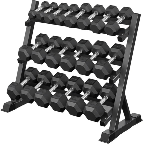 Rubber Hex Dumbbell Set with Storage Rack, 450 lbs Total Weight, Free Weight Set for Home Gym, Strength Training & Fitness Equipment, Space-Saving Rack Included