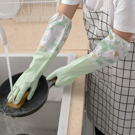 Rubber Latexs Waterproof Dishwashing Gloves 1 Pair Medium Long Cuff Flock Lining Household Cleaning Gloves And Embossed Palm Gloves For Laundry Gardening