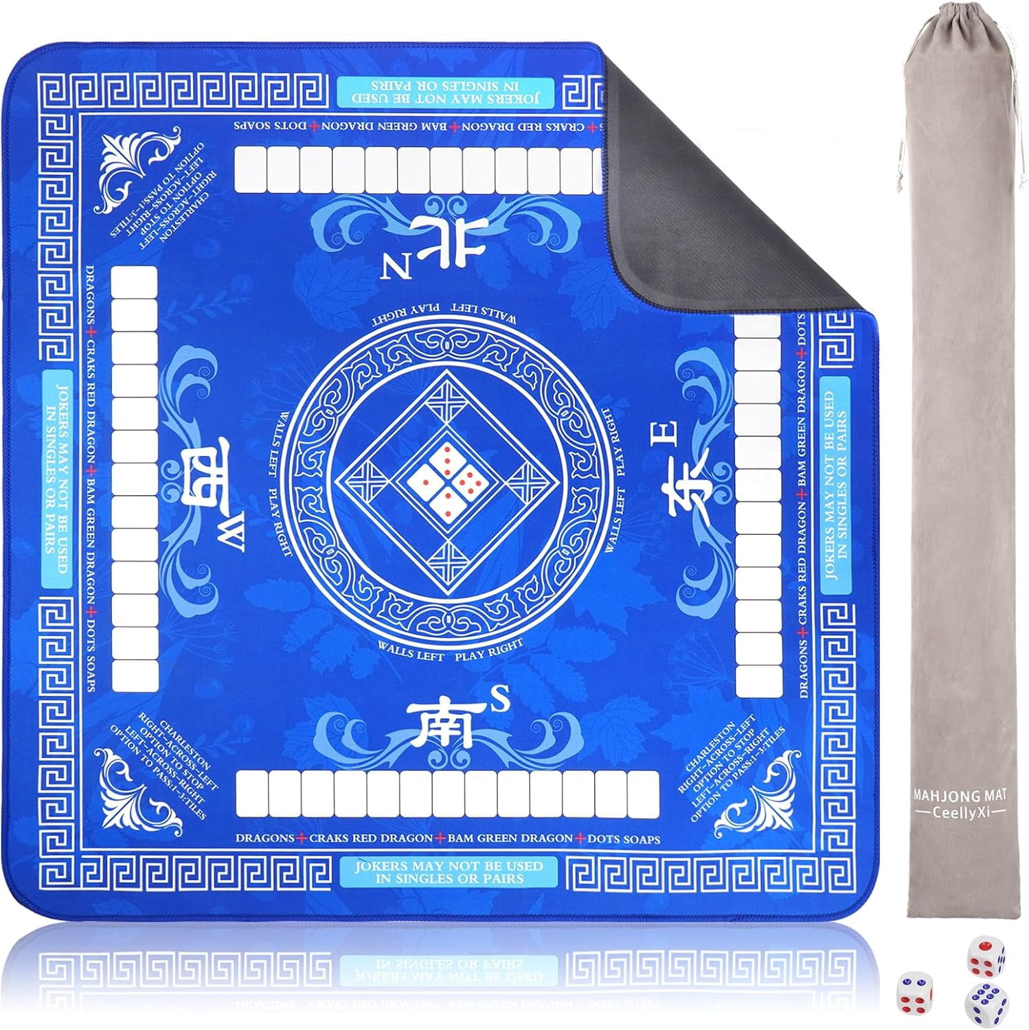 Rubber Mahjong Mat for Table - 31.5" x 31.5" Square Mahjong Table Mat, 3mm Thick Non-Slip & Silent Board Game Mat with Upgraded Velvet Carrying Bag for American Mahjong, Poker, Dominoes (Blue)