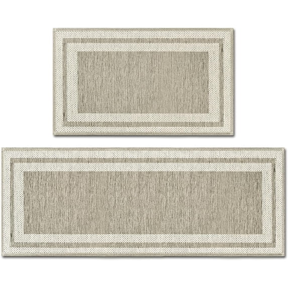 Rubber Non-Slip Washable Absorbent Kitchen Rugs and Mats Set of 2, Kitchen Mats for Floor Kitchen Runner Hallway Laundry Room in Front of Sink Beige Grey - 17x29 and 17x47 Inch