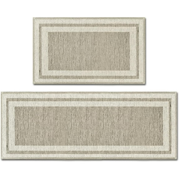 Rubber Non-Slip Washable Absorbent Kitchen Rugs and Mats Set of 2, Kitchen Mats for Floor Kitchen Runner Hallway Laundry Room in Front of Sink Beige Grey - 17x29 and 17x47 Inch