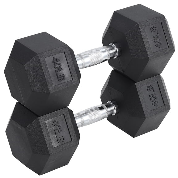 Rubber/PVC Coated Hex Dumbbell Set, Cast Iron Fixed Weights - Anti-Roll Heads, Non-Slip Knurled Grip - Home Gym Strength Training for Men & Women - 80 lbs pack (2*40)