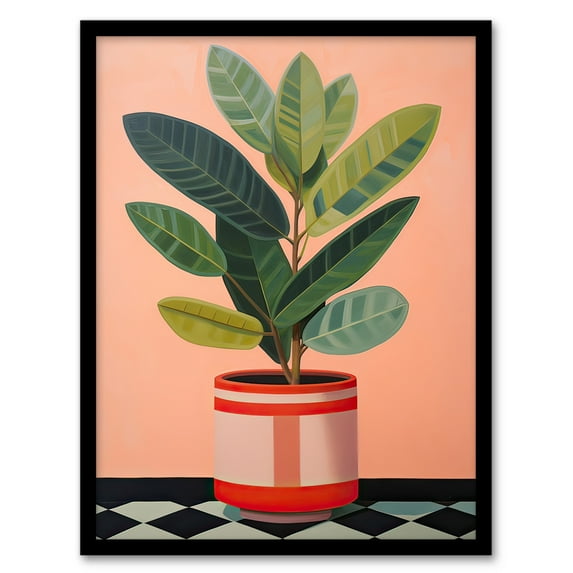 Rubber Plant Pot on Checkerboard Floor Oil Painting Artwork Framed Wall Art Print A4