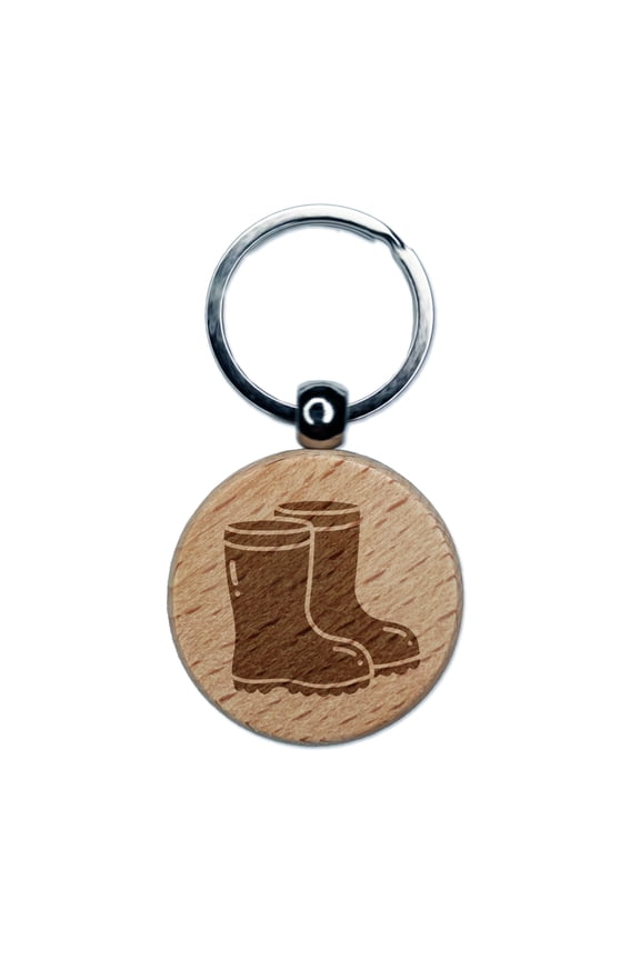 Rubber Rain Boots Round Keychain Charm Tag - Engraved Wood