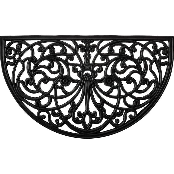Rubber Scroll Doormat Half Moon Mat, Indoor Outdoor Entrance Mat, Low Clearance, Functional and Easy to Clean, Wrought Iron Scroll Design