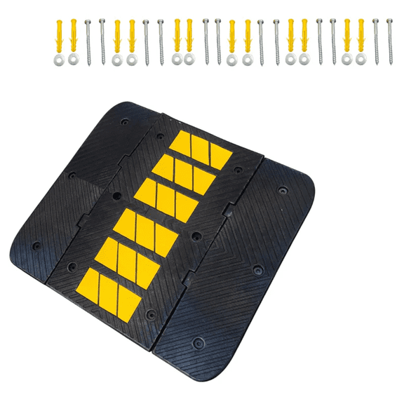 Rubber Speed Hump 1PC, 3FT Long With 2 End Caps, 12 Bolts, Yellow Black