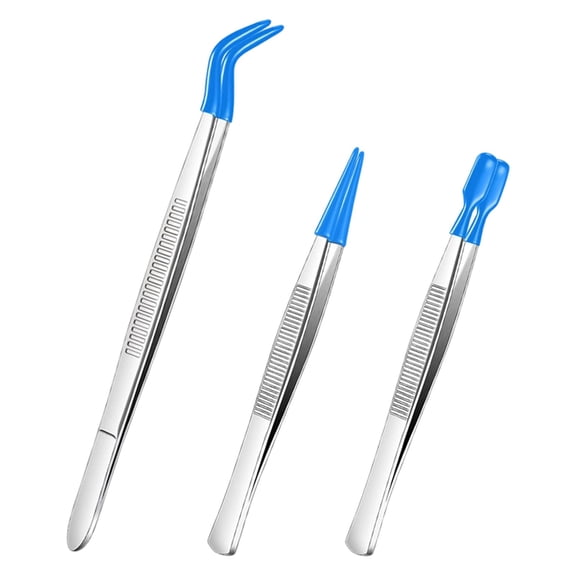Rubber Tip Tweezers, 3 PCS Straight Precision Tweezers, Reusable Flat Tip Clamp, Multifunction Pick Tool, Stainless Steel Tweezers for Craft, Jewelry, Electronic and Lab Operation,Blue