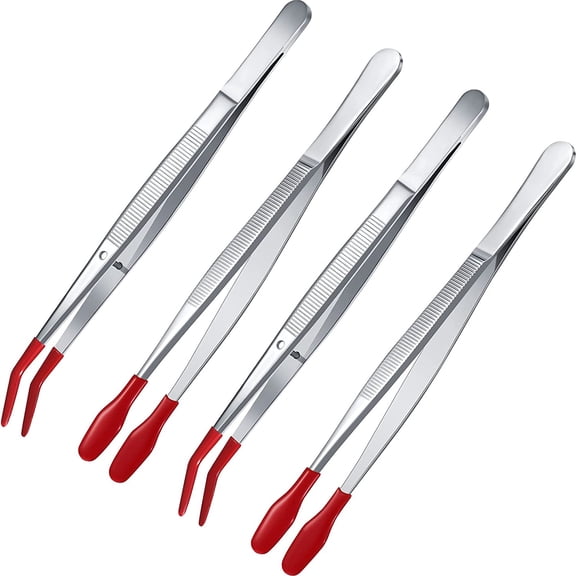 Rubber Tipped Tweezers PVC Silicone Coated Non Marring Stainless Steel Tool for Jewelry and Labs 4 Pcs Red
