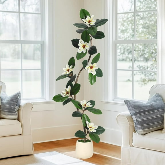 Rubber Tree 5 ft Artificial Tree in White Planter Pot, Faux Plants Indoor Faux Floor Plant Artificial Plants with 7 Pcs Magnolia Flowers for Home Decor, Artificial Fiddle Leaf Fig Tree for Office