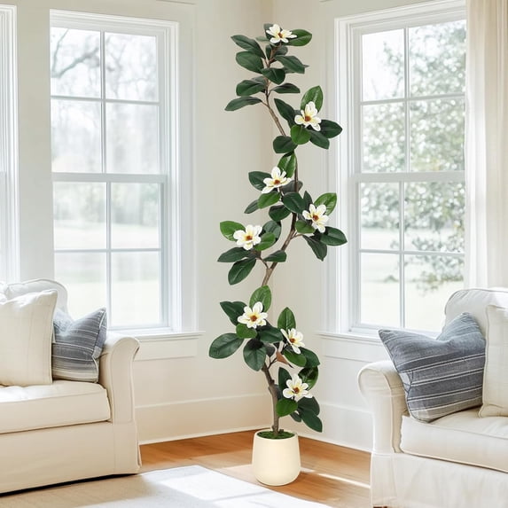 Rubber Tree 7FT Artificial Tree in White Planter Pot,Faux Plants Indoor Faux Floor Plant Artificial Plants with 8 Pcs Magnolia Flowers for Home Decor, Artificial Fiddle Leaf Fig Tree for Office