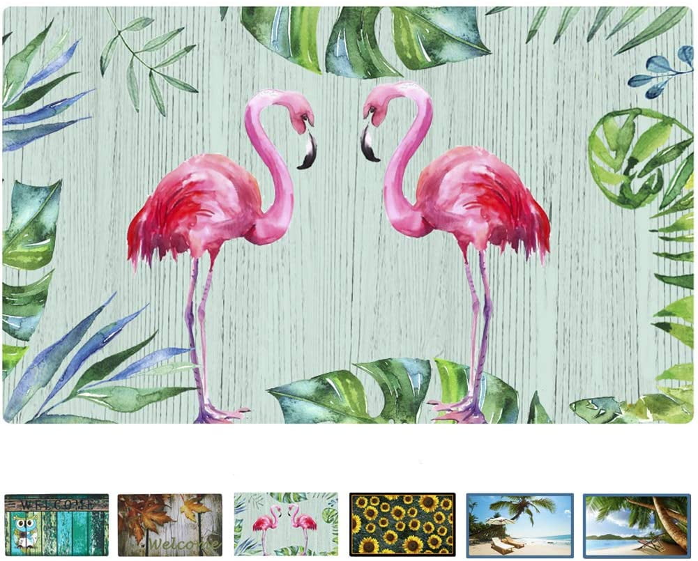 Rubber Welcome Door Mat, Decorative Indoor Outdoor Doormat Non Slip Front Door Mat, Easy to Clean Low Profile Mat for Entry Patio Garage High Traffic Areas, 17.3" x 29" (Flamingo)