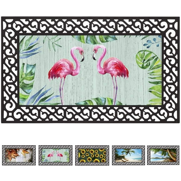 Rubber Welcome Door Mat, Decorative Indoor Outdoor Doormat Non Slip Front Door Mat, Easy to Clean Low Profile Mat for Entry Patio Garage High Traffic Areas, 17.7" x 29.5" (Flamingo)