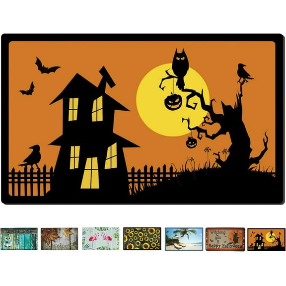 Rubber Welcome Door Mat, Decorative Indoor Outdoor Halloween Doormat Non Slip Front Door Mat, Easy to Clean Low Profile Mat for Entry Patio Garage High Traffic Areas, 17.3" x 29" (Halloween A)