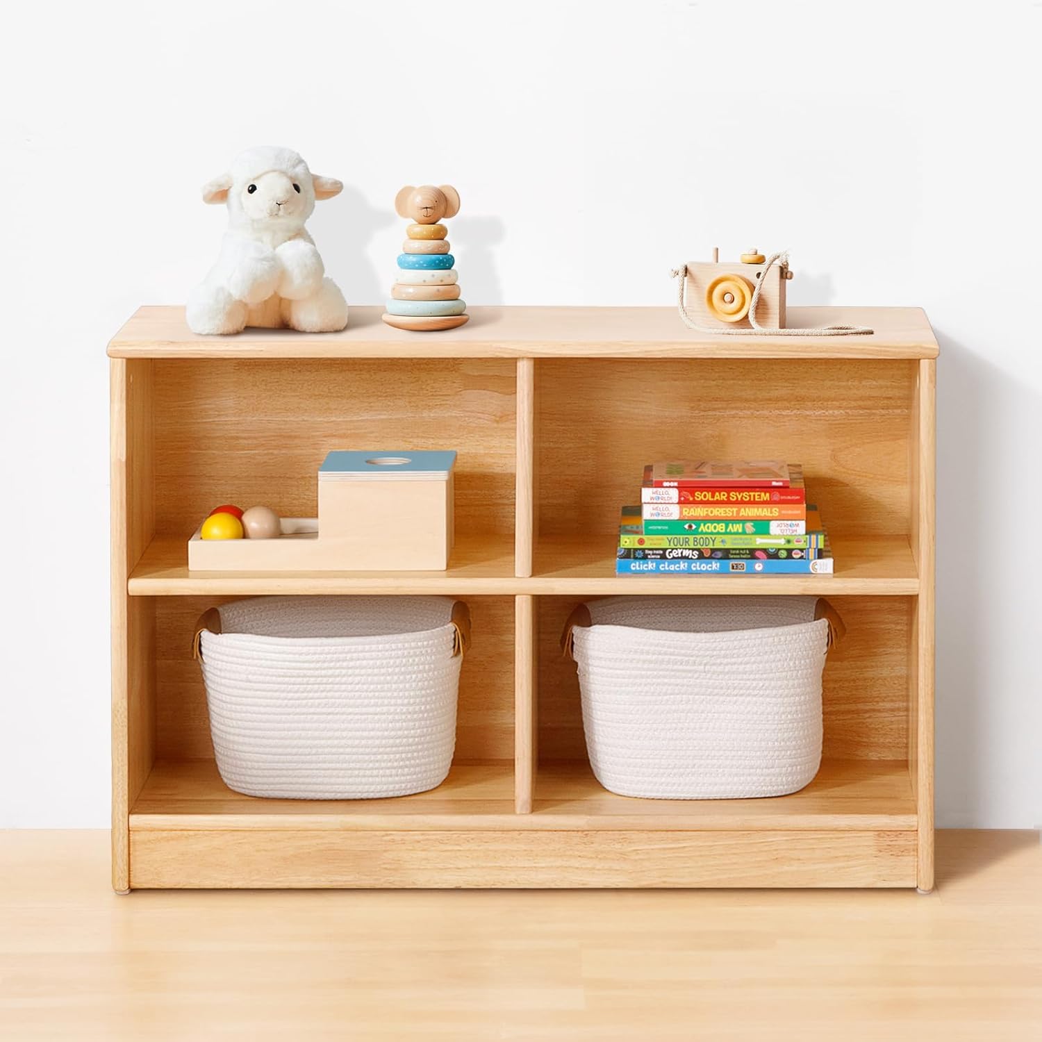 12-Cube Kids Locker Shelf With Orange Bins - Hardwood Montessori Organizer For Daycare, Classroom, Home