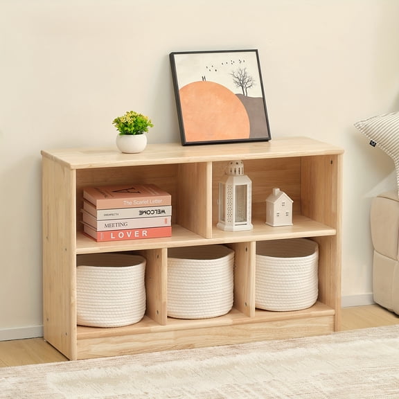 Rubber Wood 5-Compartment Book Shelf, 35.4" L, Organizers And Storage, 2-Tier Wooden Storage Cabinet, Kids Classroom Organizer, Playroom, Daycare And Preschool Storage Shelves