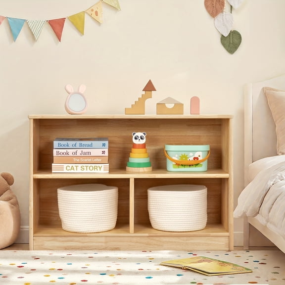 Rubber Wood 5-Compartment Book Shelf, 35.4" L, Organizers And Storage, 2-Tier Wooden Storage Cabinet, Kids Classroom Organizer, Playroom, Daycare And Preschool Storage Shelves
