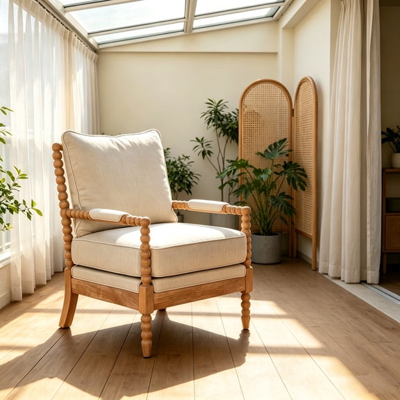 Rubber Wood Accent Chair, Beige Fabric Upholstery, Living Room Leisure Chair, High-Density Sponge, French Country Style