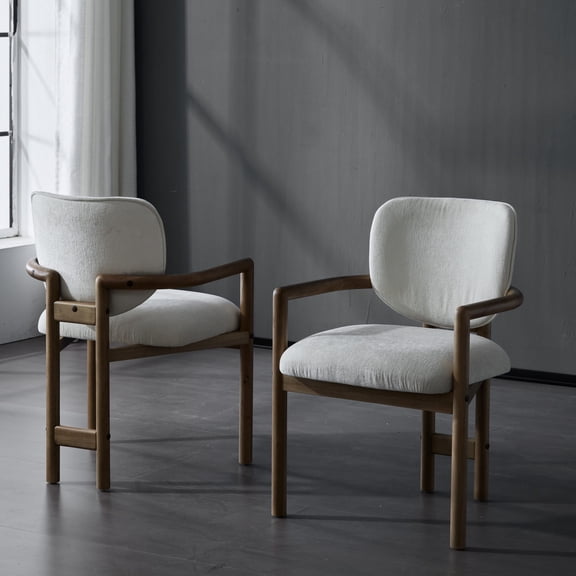 Rubber Wood Arm Chairs Set of 2, White Fabric / Breathable Seating for Dining