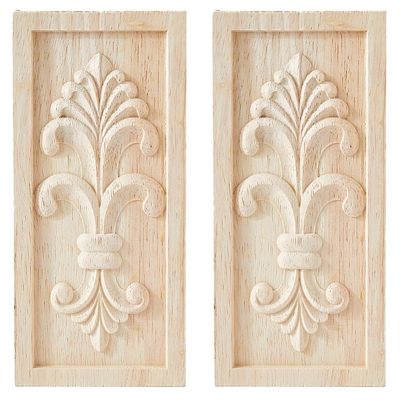 Rubber Wood Carved Onlay Applique Center Flower Long Applique for Door Cabinet Bed Unpainted Decor European Style Rectangle Blanched Almond