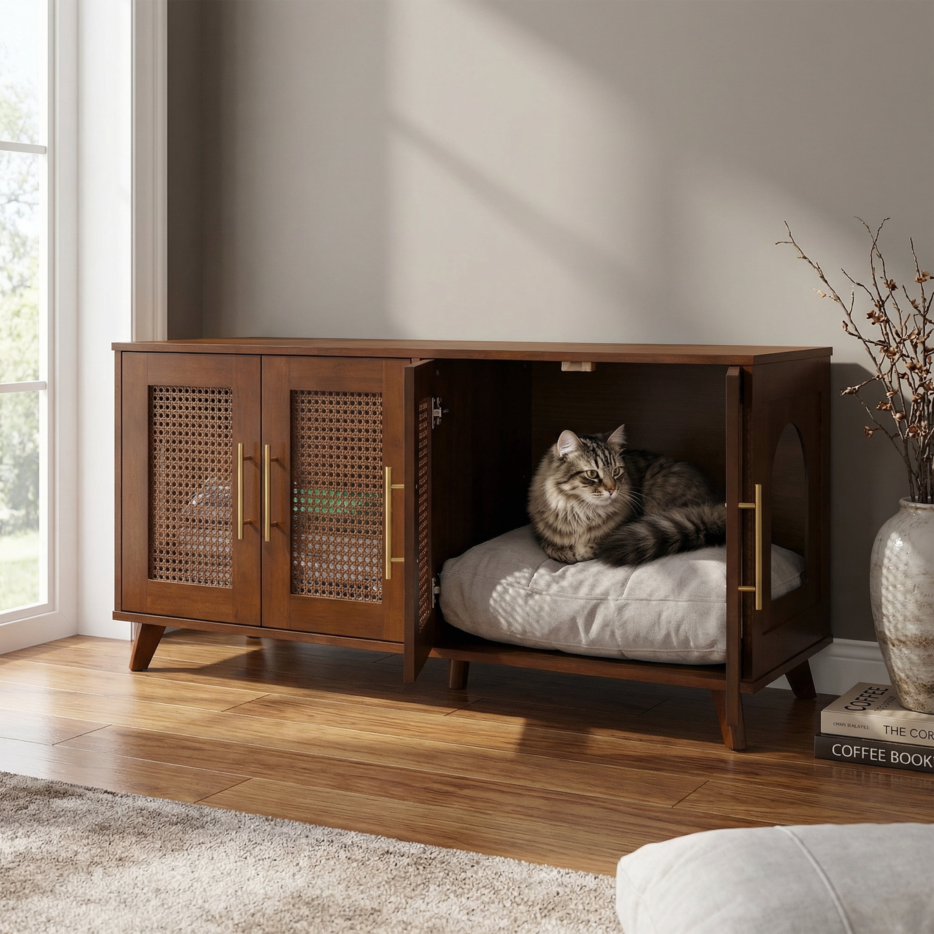 Rubber Wood Cat Cabinet with Cozy Cushion
