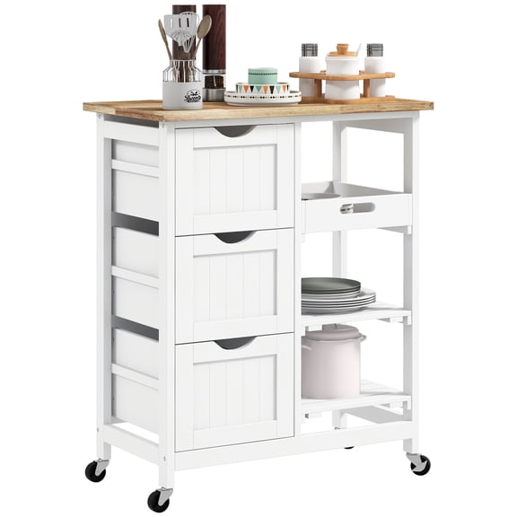 Rubber Wood Chopping Board & Removable Trays - Space - Saving Kitchen Cart for Gatherings