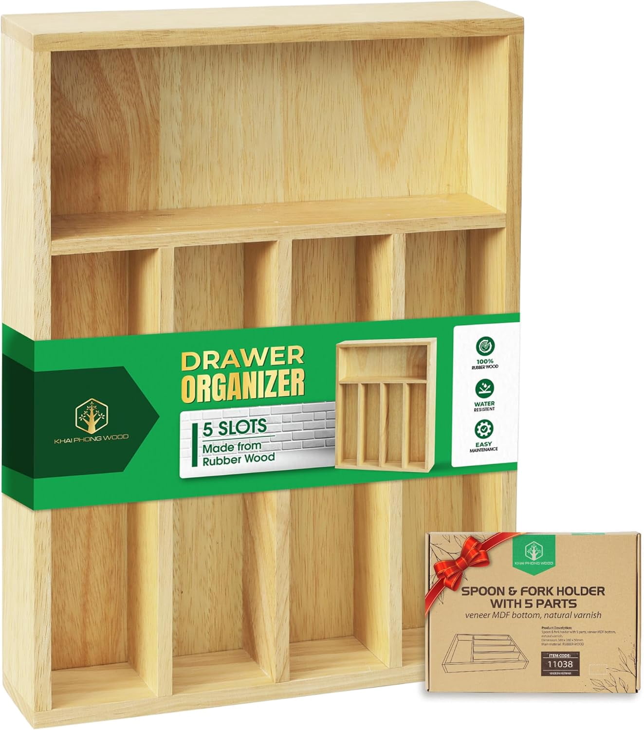 Rubber Wood for Drawer - [14"L x 10"W x 2"Th] Utensil Tray, 5 Compartment Flatware Holder, Multi-Purpose Kitchen Drawer Organizer for Utensils, Stationery & Hand Tools