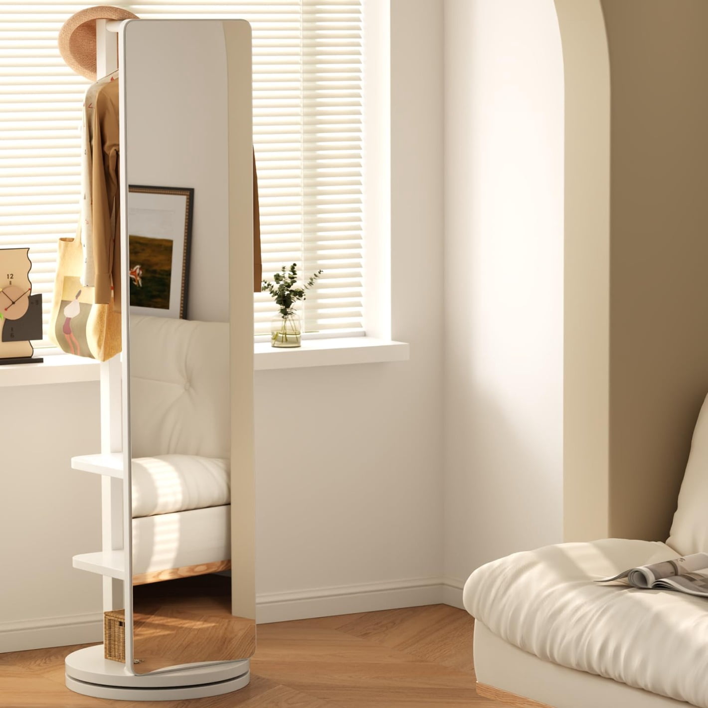 Rubber Wood Full-Length Mirror with 2 Compartments, 360 Degree Rotating ...