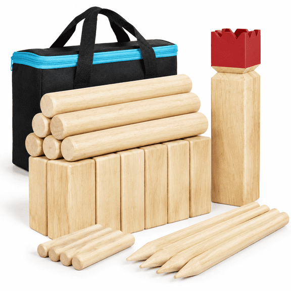 Rubber Wood Kubb Yard Game Set with Carrying Bag for Indoor Outdoor Use