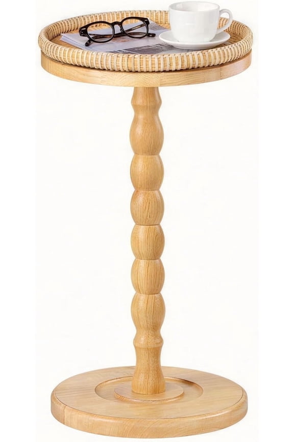 Rattan Round Side Table, Solid Wood Drink Table,Rubberwood Small Drink Table for Small Spaces, Solid Wood Pedestal Coffee Tables, End Tables for Living Room, Sofa , Bedroom