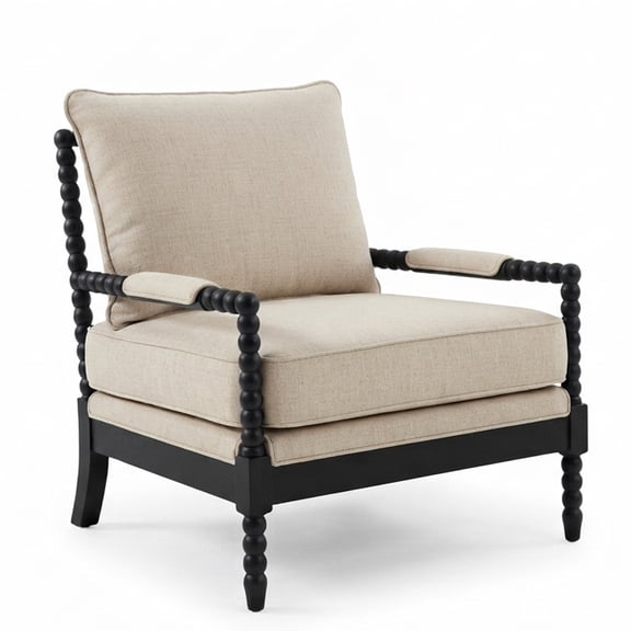 Rubber Wood Spindle Accent Chair, Upholstered Armchair with Thick Cushion and Wood Frame, Black