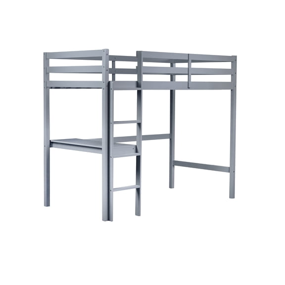 Rubber Wood Twin Loft Bed With Desk And Guardrail In Grey, Provides A Functional Bedroom Space For Grey Guardrail, Crafted An Elegant
