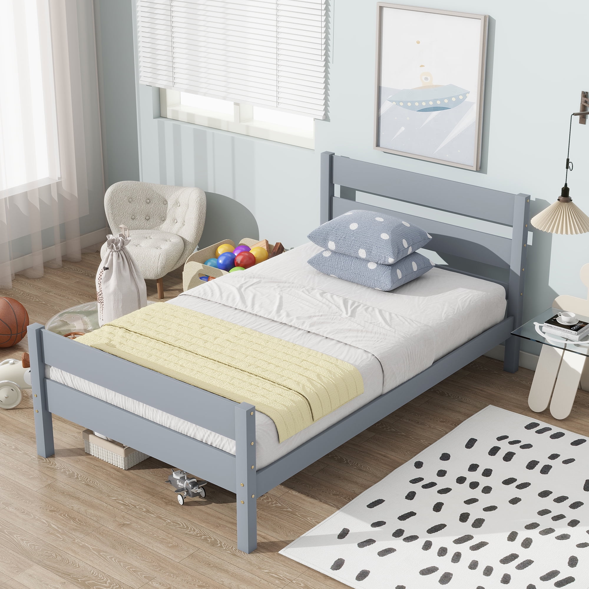 Rubber Wood Twin Platform Bed with Solid Headboard & Footboard, 10 Plywood Slats Underbed Storage Design Holds 250LBS Fits ≤6 Inch Mattress No Box Spring Needed