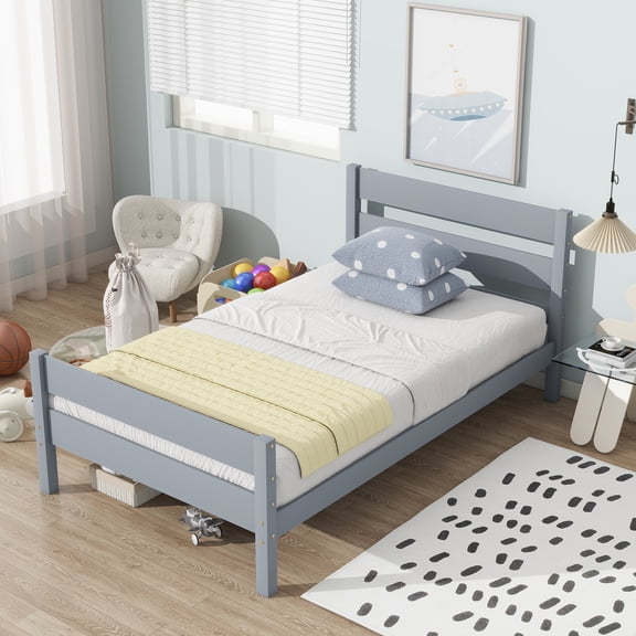 Rubber Wood Twin Platform Bed with Solid Headboard & Footboard, 10 Plywood Slats Underbed Storage Design Holds 250LBS Fits 6 Inch Mattress No Box Spring Needed
