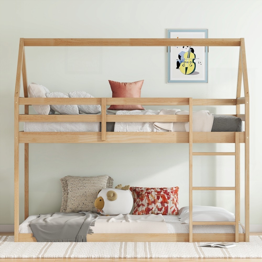 Rubber Wood Twin over Twin Floor Bunk Bed - House Design, Low, Safe ...