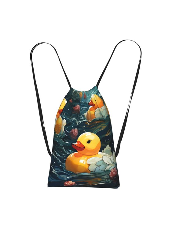 Rubber Yellow Duck Art Packable Drawstring Backpack, Lightweight Foldable Cinch Storage Bag for Gym Travel Shopping