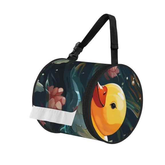 Rubber Yellow Duck Art Portable Cylinder Toilet Paper Holder Tissue Dispenser Hanging Storage Bag with Strap