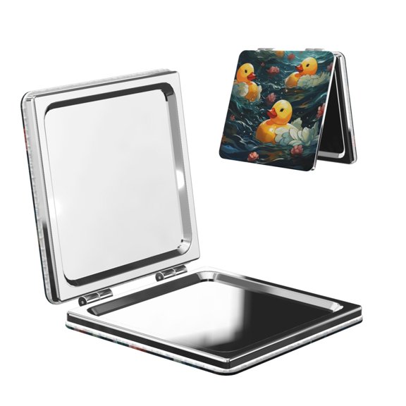 Rubber Yellow Duck Art Portable Double-Sided Face Mirror Square, Magnifying Compact Pocket Mirror with PU Leather Cover