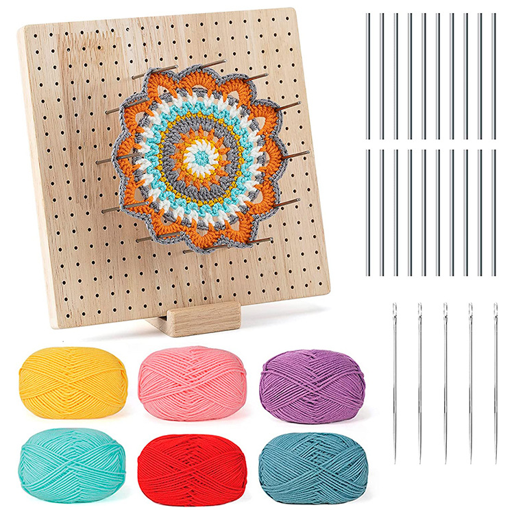 Rubber wood 9.25-inch foldable crochet hook blocking plate, wooden woven blocking plate used to block crochet hooks "(one plate+20 metal sticks+5 crochet hooks+6 rolls of yarn color random+32 pins)
