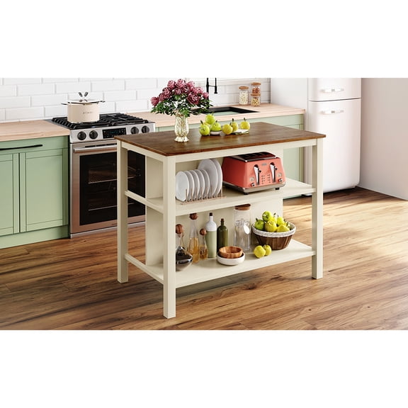 Rubber wood prep table | Simplify kitchen work in the dining room, large open shelves for organization