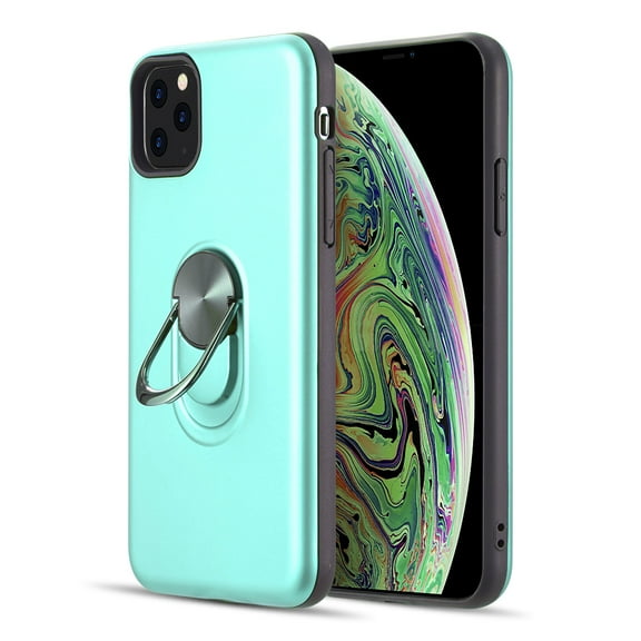 Rubberized Anti-slippery Hybrid Protective Case With Built-in Metal Rotatable Ring Stand For Iphone 11 Pro - Teal
