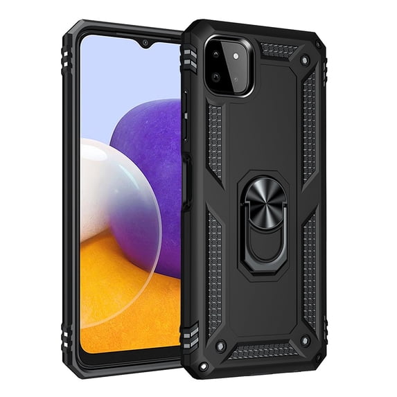 Rubberized Hybrid Protective Case W Shock Absorption Built-in Rotatable Ring Stand For Samsung Galaxy A22 5g Celero 5g- Black