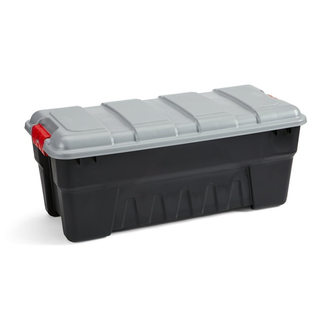 Rubbermaid 16 Gallon Storage Tote, Pack N Go, Plastic, Black Base, Grey