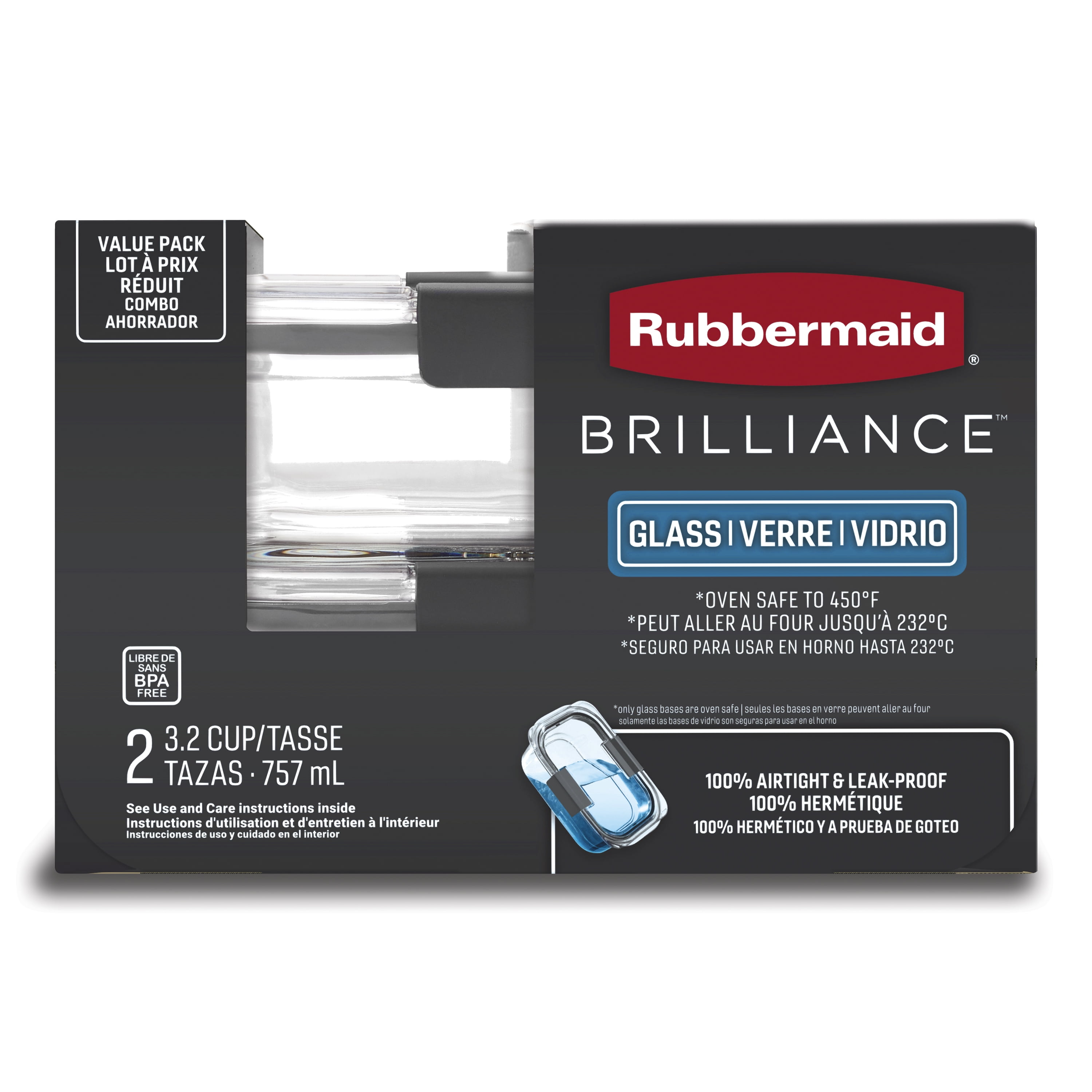 Rubbermaid 3.2 Cup Brilliance Glass Food Storage Containers, Set of 2