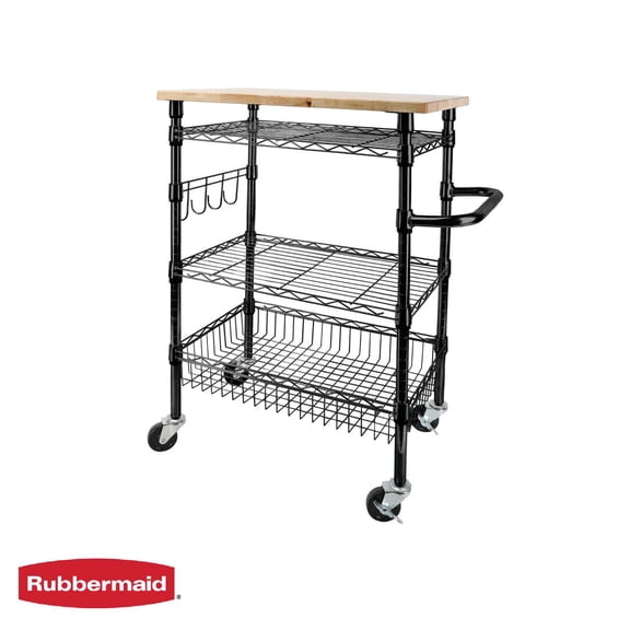Open Box Rubbermaid 3-Tier Heavy Duty Black Rolling Utility Cart with Solid Wood Top, 300lb Capacity