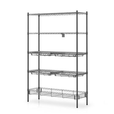 Rubbermaid 5-Tier Black Deluxe Wire Shelving Unit with Drawers & Basket 48”W x 16”D x 72”H