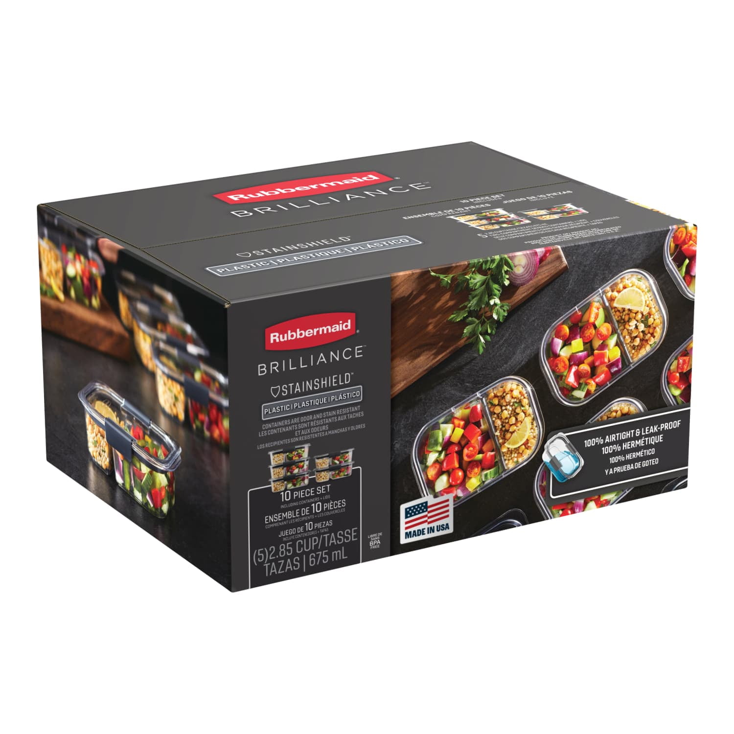 Rubbermaid Brilliance 10 Piece 2 Compartment Meal Prep Food Storage Containers, 2.85 Cup