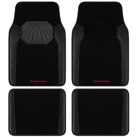 Rubbermaid Car Mats, Two-Tone Carpeted Floor Mats with Faux Leather and Built-In Heel Pad, Stylish Car Rug Floor Mats for Cars, Trucks and SUVs, Black