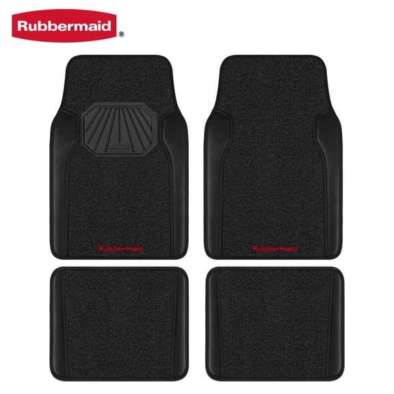 Rubbermaid Car Mats, Two-Tone Carpeted Floor Mats with Faux Leather and Built-In Heel Pad, Stylish Car Rug Floor Mats for Cars, Trucks and SUVs, Black