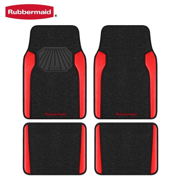 Rubbermaid Car Mats, Two-Tone Carpeted Floor Mats with Faux Leather and Built-In Heel Pad, Stylish Car Rug Floor Mats for Cars, Trucks and SUVs, Red